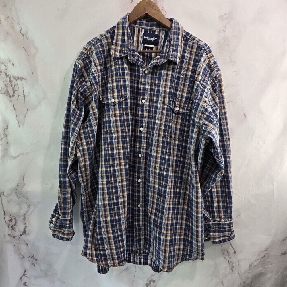 Vintage Wrangler Shirt Mens 3X Blue Flannel Plaid Western Button Long Sleeve